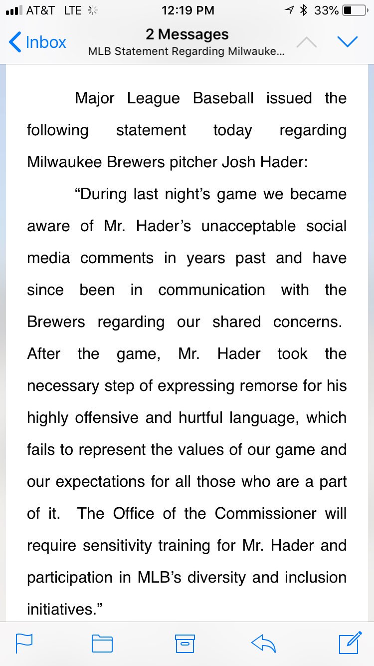 Milwaukee Brewers' Josh Hader 'deeply sorry' for offensive tweets