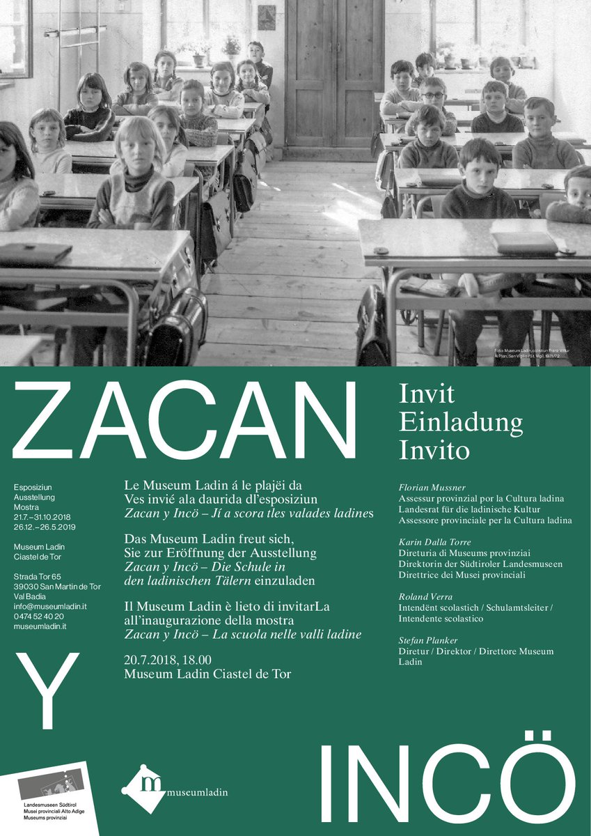UldAnpezo's tweet photo. Venerdì 20 luglio ore: 18.00.
Inaugurazione della Mostra: Zacan y inco – La scuola nelle valli Ladine
Presso il Museum Ladin a San Martin de Tor  #ulda #ladini #ladinia #anpezo #fodom #gardena #fassa #badia #tradizioni #cultura #mycortina #scuola @UldAnpezo https://t.co/H03GCnOBtk