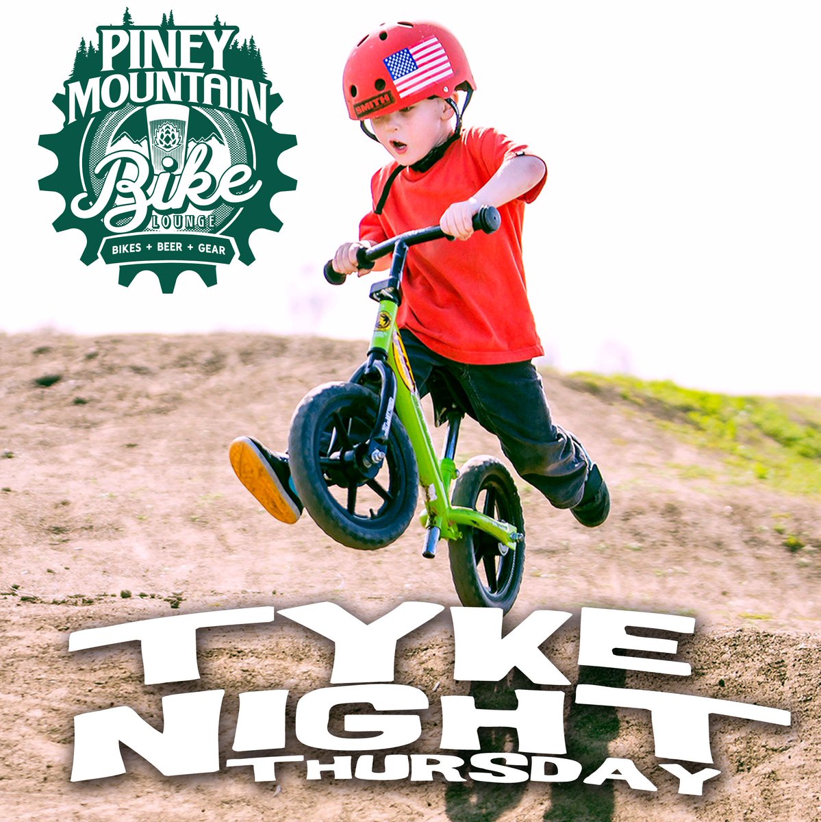 Tyke Night at Piney Mountain • Thursday, July 19, 6:00 to 7:00 
Tyke Night here at the PMBL. Tyke Night is open for ages 3-6 and will be geared for kids on balance  bikes and smaller 2 wheeled kids bikes without training wheels. All riders require helmets. Bring your own bikes