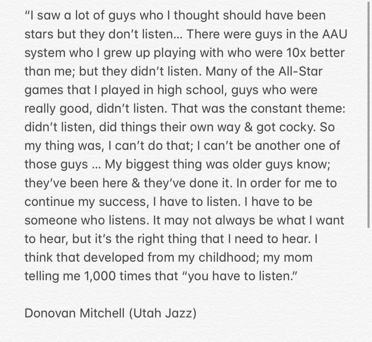 drmikegoforth's tweet photo. Tremendous quote from Donovan Mitchell on the importance of listening. #listenandlearn https://t.co/7EoUhx9NfQ