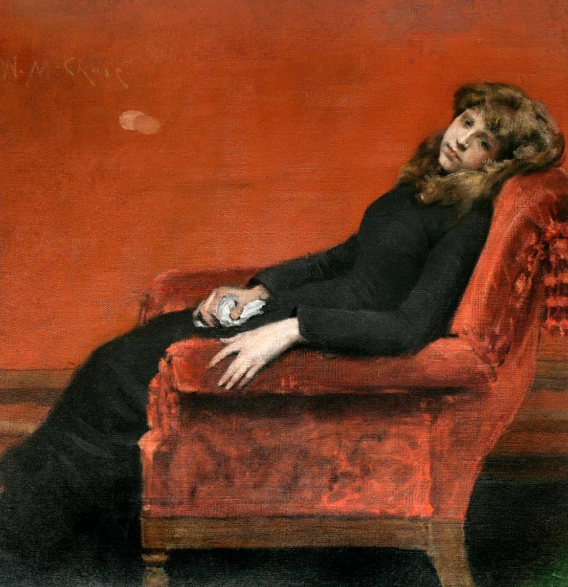 bernimora17's tweet photo. 375. “The Young Orphan. An Idle Moment”, 1884, de William Merritt Chase. El pintor capta a la joven huérfana sorprendida en un momento ocioso, reclinada y enlutada, con la mirada perdida y estrujando un pañuelo con el quizá habría enjuagado sus lágrimas. 
#williammerrittchase https://t.co/xFJsczjpQt