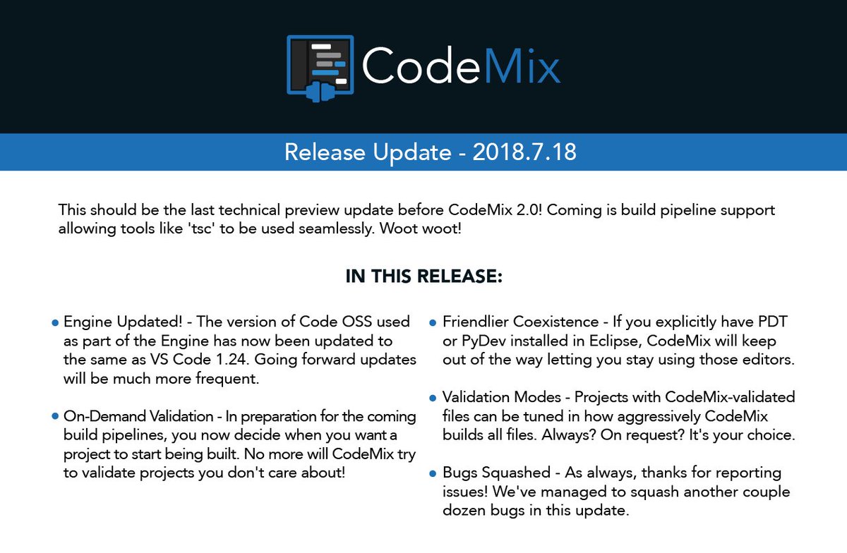 codemixide's tweet image. #codemix release 2018.7.18 went out TODAY! 🥳
Now w/ Engine Updated, On-Demand Validation, Friendlier Coexistence &amp; more!
To see what’s new in this release, #download it now from genuitec.com/tox/products/c…