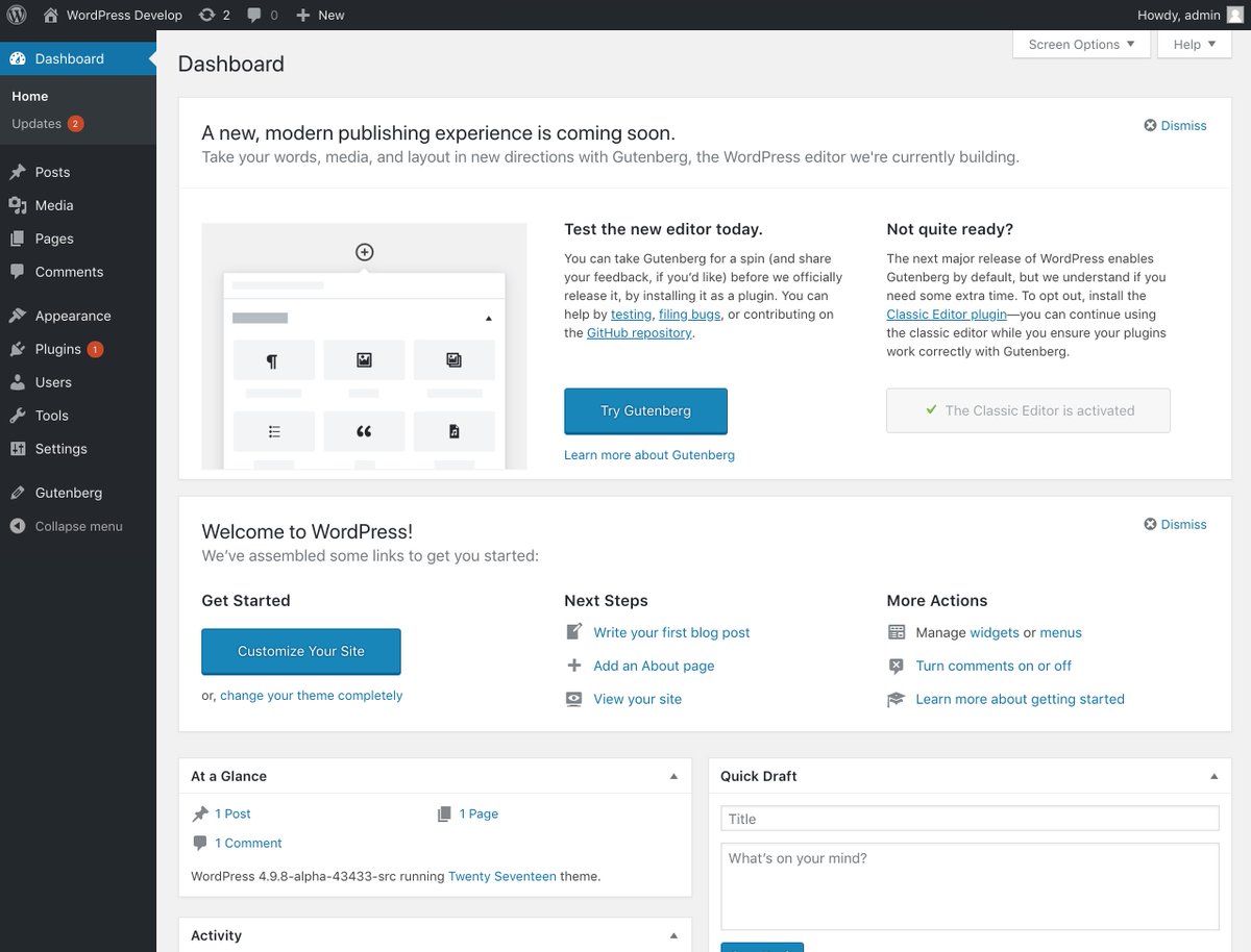 Today was added a link to "Try Gutenberg" in development version. It will be available to users in next beta version.
core.trac.wordpress.org/ticket/41316

If you prefer to disable that option, you can use the following code:
remove_action( 'try_gutenberg_panel', 'wp_try_gutenberg_panel' );