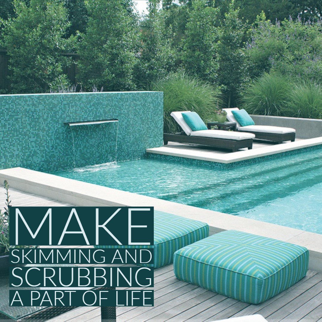 Looking for more pool maintenance tips? Let's start with the basics: Skimming the leaves and debris off of the surface of the water is a no-brainer, but it bears repeating. For a truly pristine pool, skimming should be done daily.