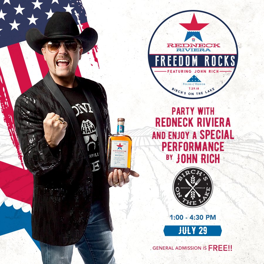K102's tweet image. We're hangin' out with @johnrich at Birch's on the Lake this Sunday from 1:00-4:30pm! It's a @RedneckRiviera Whiskey launch party, raising funds for @FoldsofHonor. GA tickets are FREE. VIP tickets on sale now! Get all the info k102.iheart.com/calendar/event…