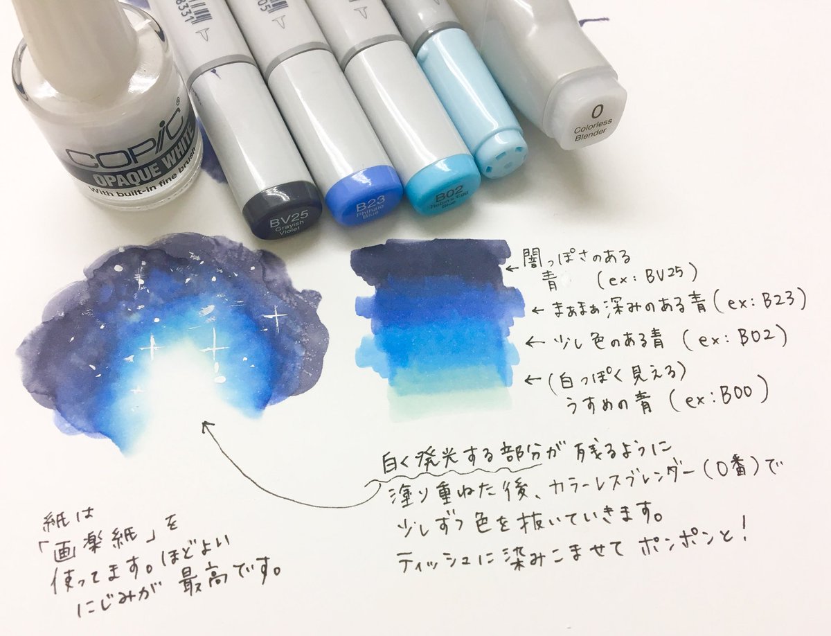 コピック公式 文具女子博名古屋 على تويتر 宇宙柄の塗り方を教えてください という質問が コピック公式待ち にあったので 公式で監修をした 24色でできる はじめてのコピック背景 マール社 の塗り方を紹介します リプライに続きます