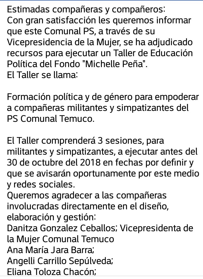 PSCTemuco's tweet photo. @PSCTemuco avisa a todxs sus militantes, adherentes y simpatizantes, el taller de política de genero en base al fondo Michelle Peña del @PSChile https://t.co/TH62kTHn02