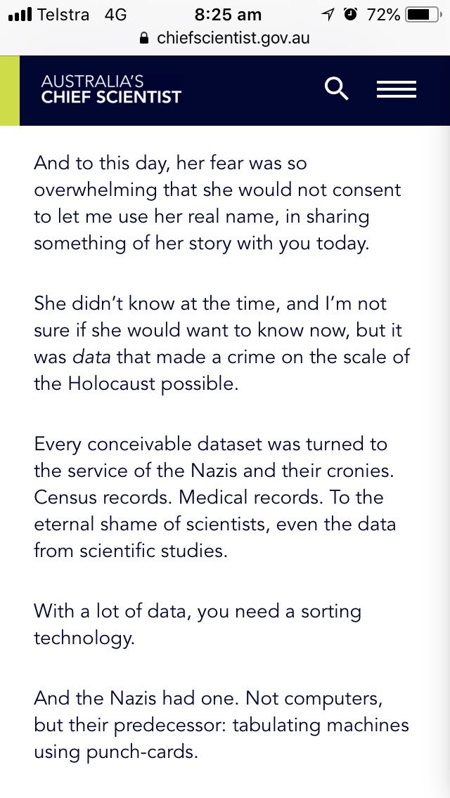 sbuckshum's tweet photo. Australia’s Chief Scientist: Data/Analytics/AI surveillance ...and the Holocaust. His powerful speech from Tues https://t.co/927UopEVOC #dataethics #UTSdataethics https://t.co/U1NvEXdbXD