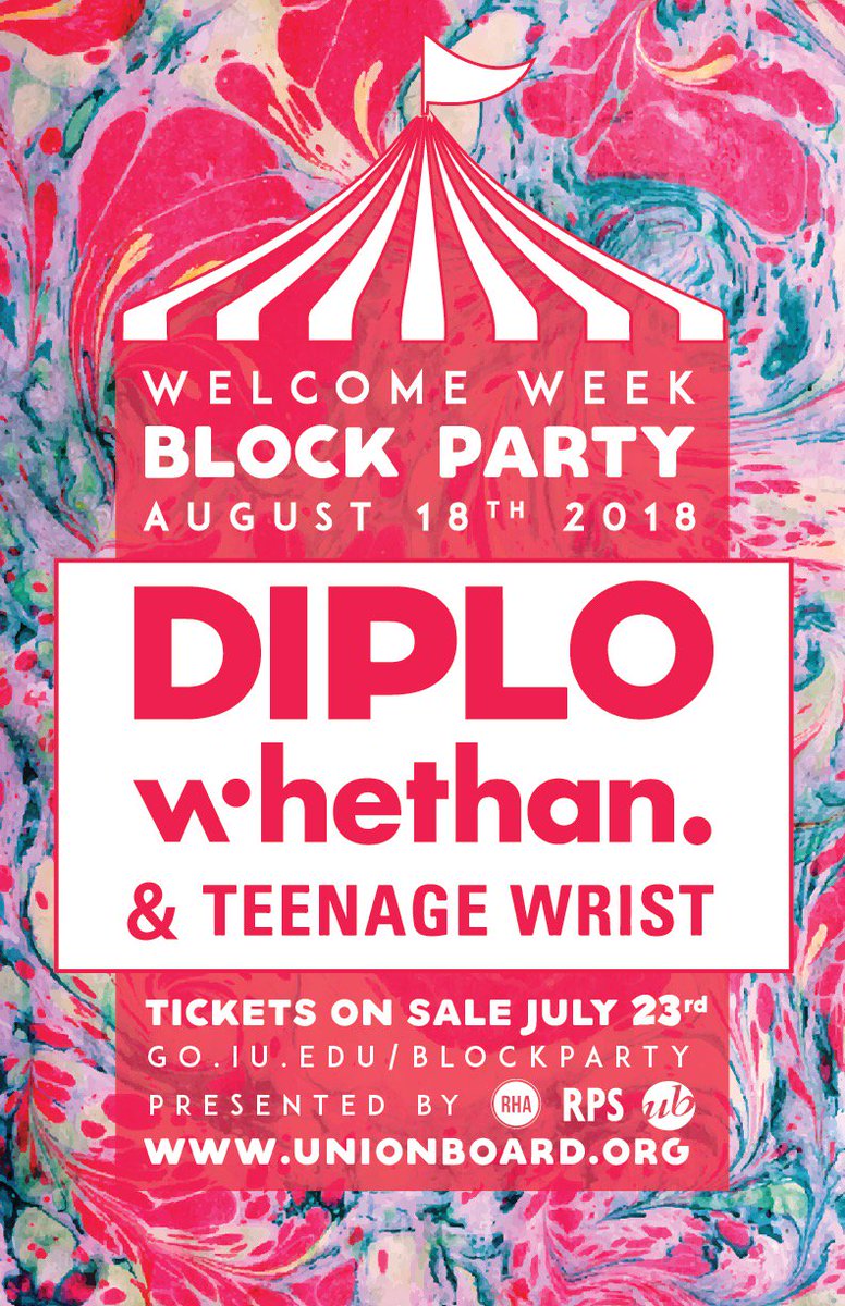 IUBlockParty's tweet image. The 2018 Block Party lineup is here! August 18th, Indiana University will welcome @diplo , @whethanmusic , and @TeenageWrist to campus!

Freshmen-- tickets are onsale NOW for only $25!! Grab them before they're gone. This event SOLD OUT last year, don't miss it!