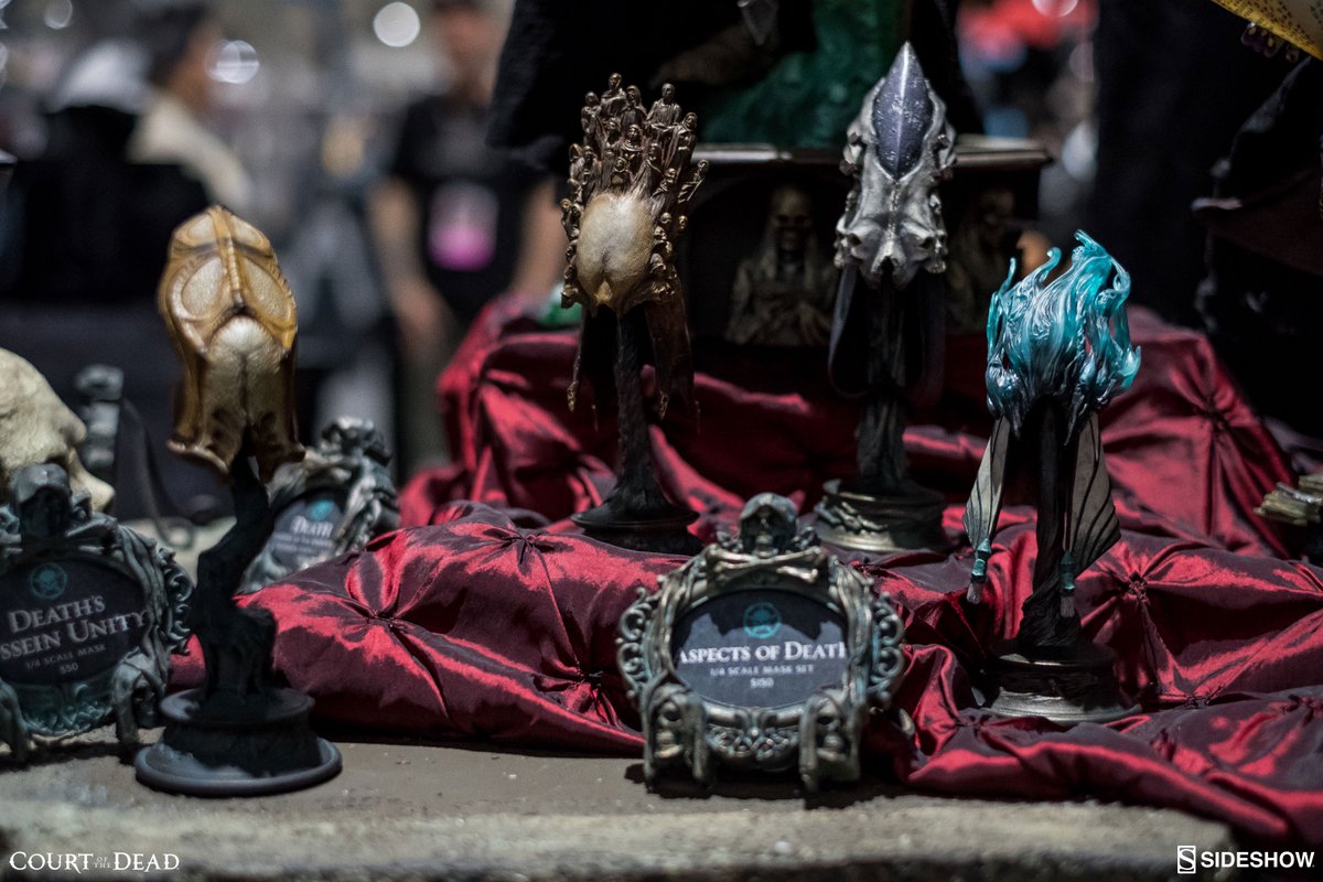 CourtoftheDead's tweet photo. #SDCC2018 #Booth1929 Tour: The Aspects of Death Mask Set, Death's Ossein Unity Mask, Malavestros Premium Format Figure, Death: Master of the Underworld Premium Format Figure, The Queen's Guard Life-Size Bust Art Study https://t.co/eZ4gU0q6r7
