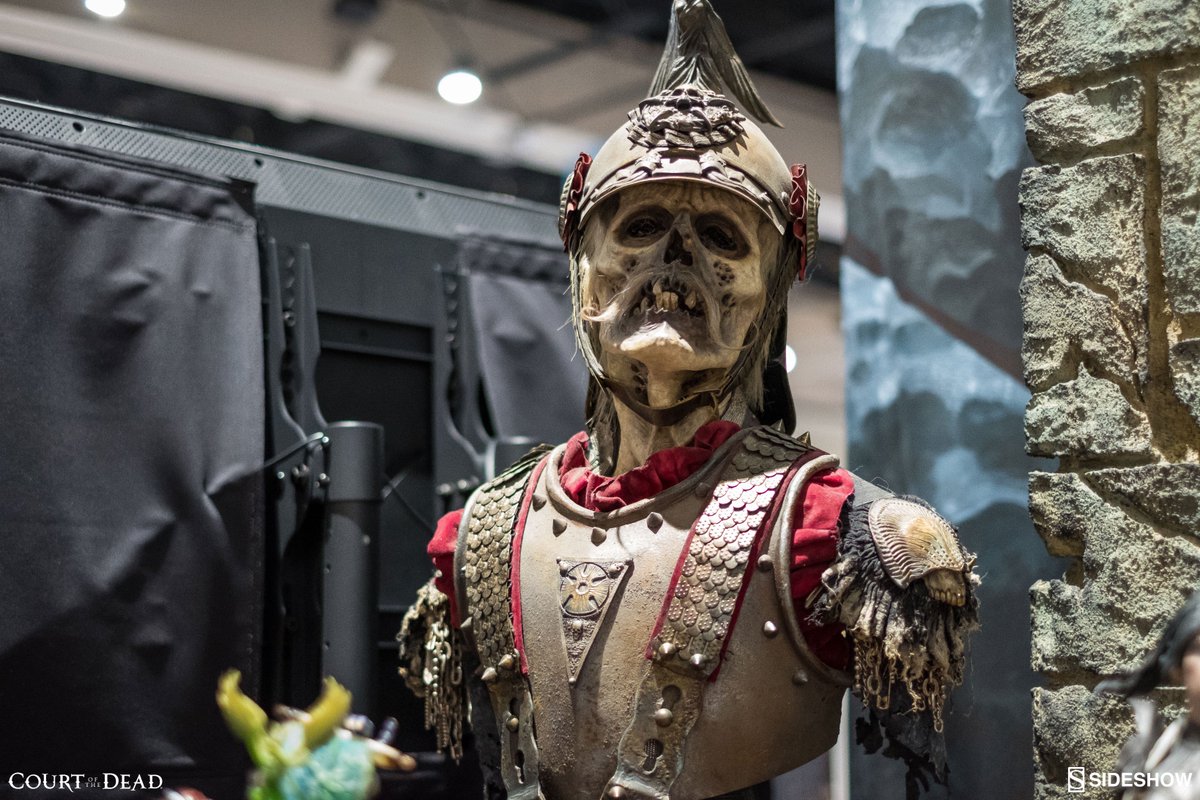 CourtoftheDead's tweet photo. #SDCC2018 #Booth1929 Tour: The Aspects of Death Mask Set, Death's Ossein Unity Mask, Malavestros Premium Format Figure, Death: Master of the Underworld Premium Format Figure, The Queen's Guard Life-Size Bust Art Study https://t.co/eZ4gU0q6r7