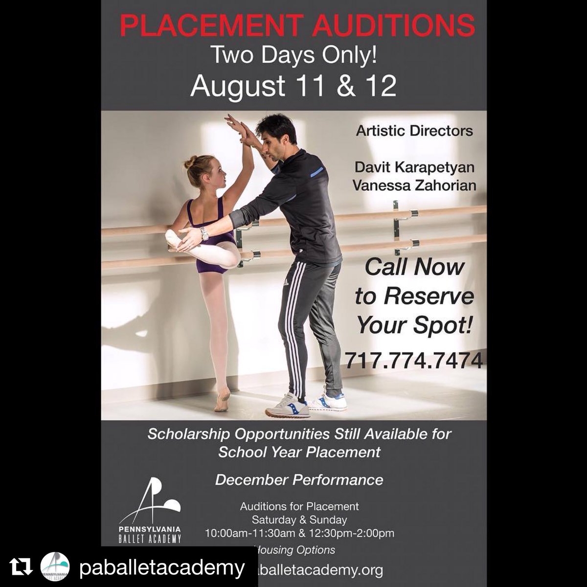 VZahorian's tweet photo. PLACEMENT AUDITION at Pennsylvania Ballet Academy where Vanessa Zahorian and Davit Karapetyan are the artistic directors! Saturday and Sunday August 11 and 12! Call for more information. 717.774.7474. December performance, school year placement, and possible scholarships! https://t.co/FZ7rthZ80v