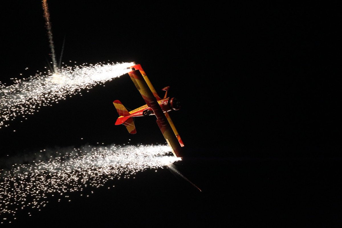 EAA's tweet photo. Wednesday night air show at #OSH18 schedule, presented by @CovingtonAir (watch it live here: https://t.co/44iuAvq1cU): KC-135 &amp; B-1B, night skydivers, Red Bull Air Force, Aeroshell Aerobatic Team, Matt Younkin, Redline Airshows, drone show, fireworks, wall of fire. https://t.co/sfiiWFe24g