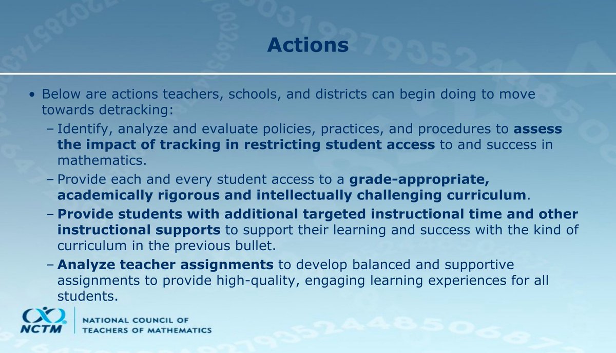 DrKChilds's tweet photo. Here are some actions teachers, schools, and districts can begin doing to move towards detracking... #NCTMLive #mtbos https://t.co/4Codl8h2Y5