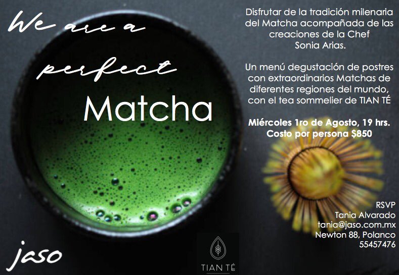 Reserva tu lugar!! 1ro de Agosto Experiencia de Postres con Maridaje de Matcha