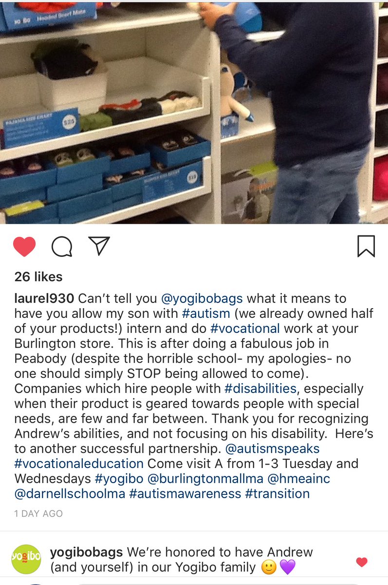 laurelscollins's tweet photo. Come visit the Boy at the @BurlingtonMalMA @yogibobags from 1-3 on Tuesdays and Wednesdays. Companies who believe in hiring people with disabilities are too few. Yogibo rocks! #autism #vocationalwork #transition #specialeducation https://t.co/OKOL50MKb8