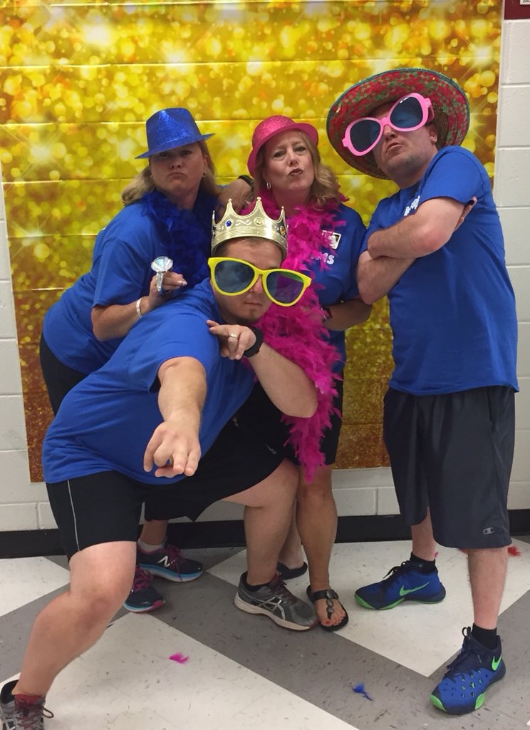 McClureMavs's tweet photo. A smile and some fun to kick off the new year! McClure Admin sets the tone that getting ready for our students is a joy! #BuildPeaks #DAREtoDream #KickOffMcClure https://t.co/axLbydvixO
