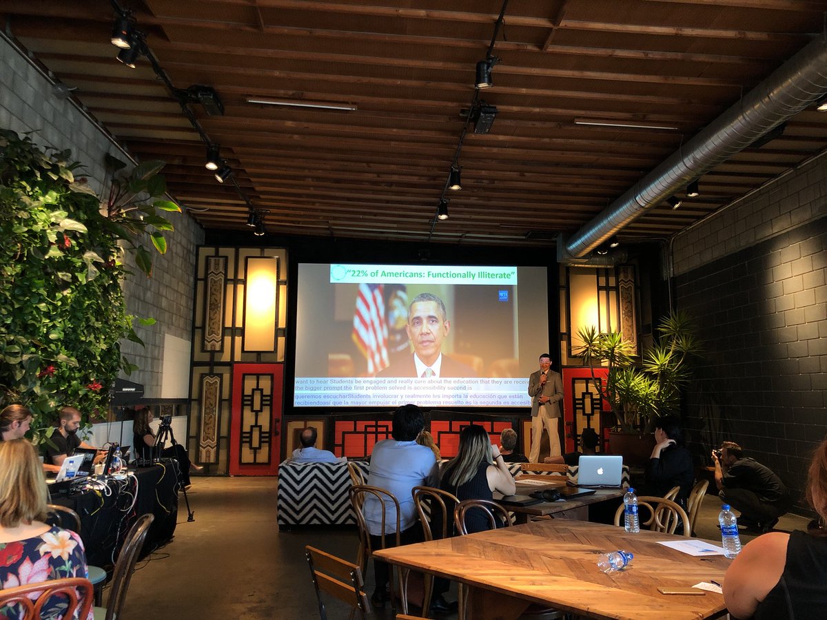 aasnes's tweet photo. Lovoco presenting Stenoply and simultaneously demo’ing their tech tool to display and translate  a speaker’s words as they speak. #xreduprize https://t.co/e57OrPHvQj