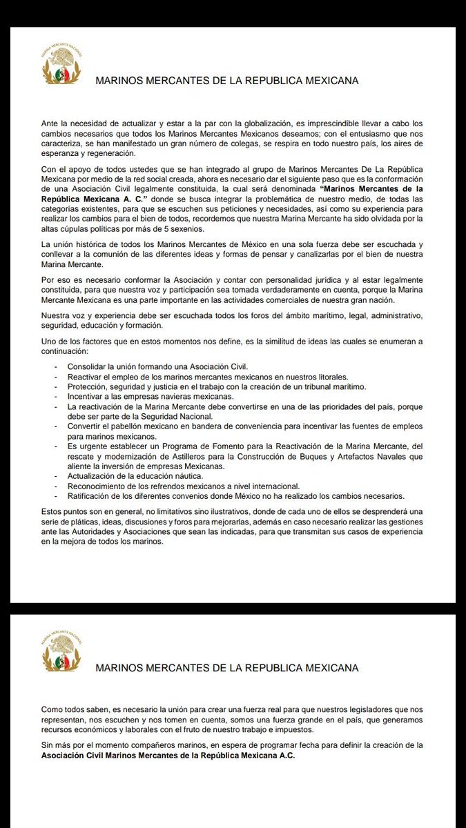 Un grupo de compañeros, se coordinaron  y trabajaron en conjunto para plasmar en el documento que esta adjuntando, una lista de la problematica y deficiencias por la que esta atravesando la marina mercante mexicana y la tienen estancada.