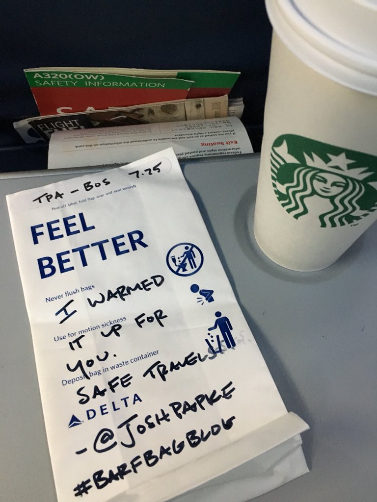 joshpapke's tweet image. @Delta #2685:
TPA - BOS | 7.25.18

@tomhanks tweets ‘bout missin’ items, I write messages on barf bags for people to find.

We both win.

#TomHanks
#BarfBagBlog
@Starbucks | #Starbucks
@FlyTPA - @BostonLogan