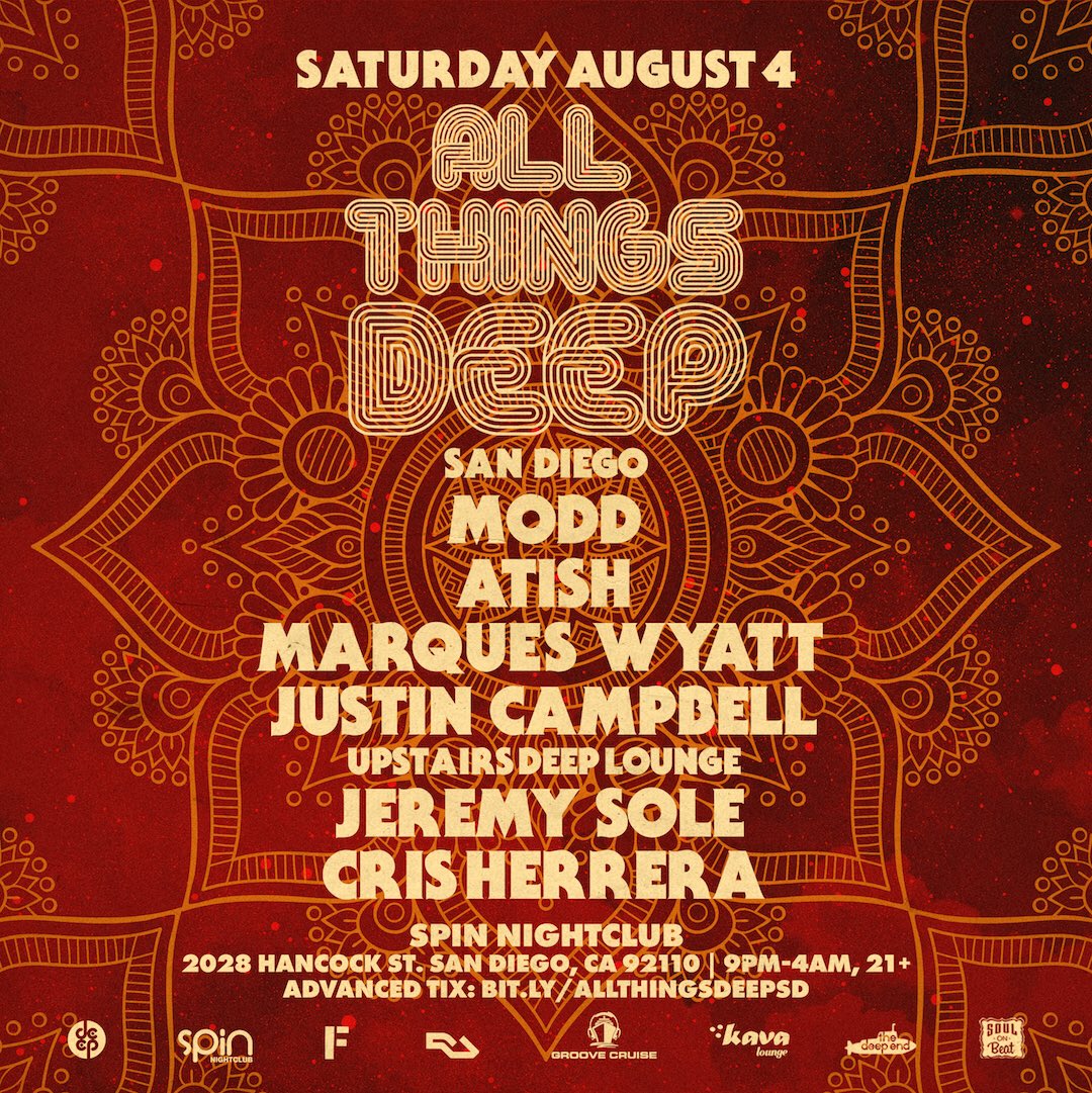 JeremySole's tweet photo. RT @deeplosangeles: SAT 8/4 DEEP Pres. “All Things DEEP” San Diego ft. MODD (SD Debut), @atishmusic, @marqueswyatt, JUSTIN CAMPBELL, @JeremySole &amp; CRIS HERRERA! @SpinNightclub 9-4AM, 21+ Tix: https://t.co/SfOdjKEcNU #SanDiego #AllThingsDEEP https://t.co/aHysRIrilk