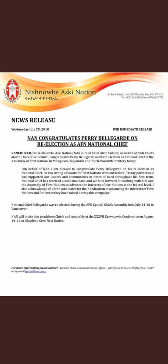 gcfiddler's tweet image. On behalf of ⁦@NANComms⁩ Citizens and Chiefs, extending Congratulations Perry Bellegarde on his re-election as National Chief. Also, Chi Miigwetch to the other candidates, Sheila, Russell, Katherine and Miles. 
#AFNElection #AFNAGA2018