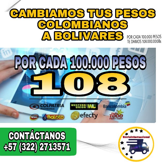 enviointer's tweet image. Tenemos la mejor tasa Contáctanos al Whatsapp para mayor información
.
.
Somos tu solución!!
.
.
#Venezolanos #colombianos #venezolanosencolombia #cambios #bolívares #pesos #Bogota #venezolanosenbogota #venezolanosencucuta #Cali #cucuta #Barranquilla #Bucaramanga #Medellín