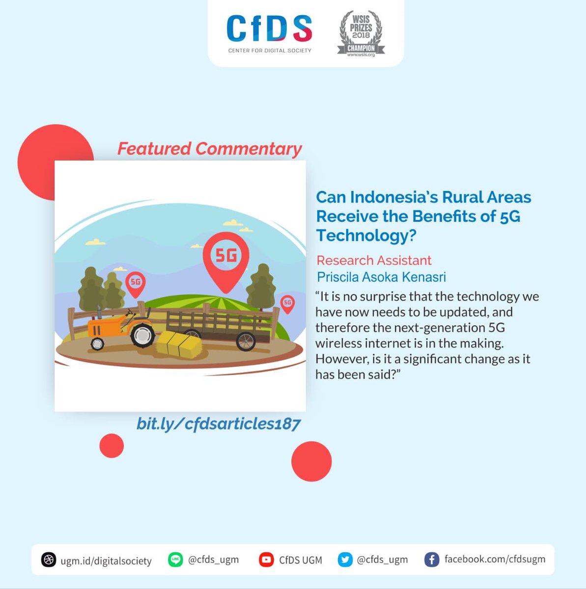 cfds_ugm's tweet photo. Smart People di perkotaan pasti sdh tdk asing dgn teknologi 4G. Kabarnya, teknologi 5G sedang dlm pengembangan nih.
Keuntungannya apa sih untuk daerah pedesaan? 🤔 #FeaturedCommentary #DigitalSociety #5G #NextTechnology https://t.co/em45jT12A7