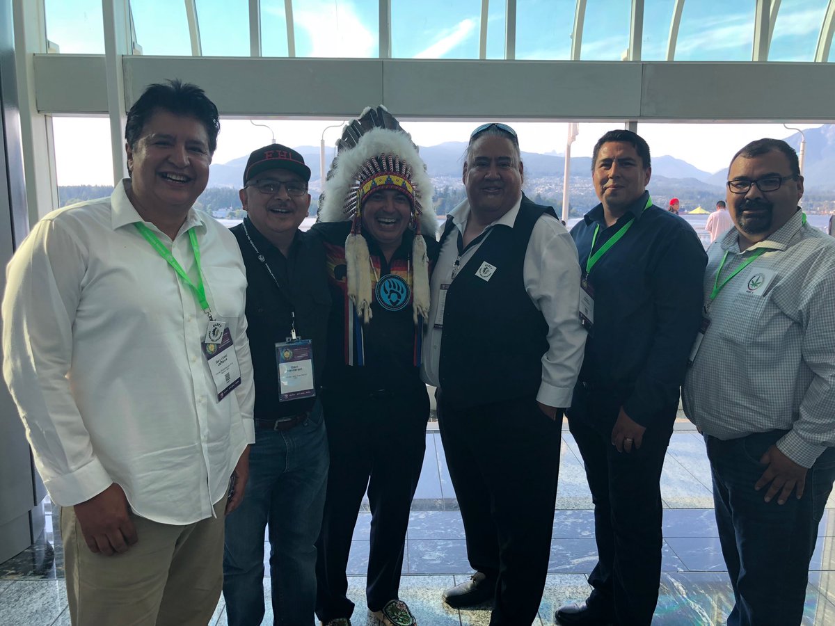 A Victory Pose with Gary Laplant, councillor Eldon Henderson, re-elected AFN Chief Perry Bellegard, Gary Arcand, Chief Brad Swiftwolfe and Chief Clint Wuttunee @ Vancouver, B.C.