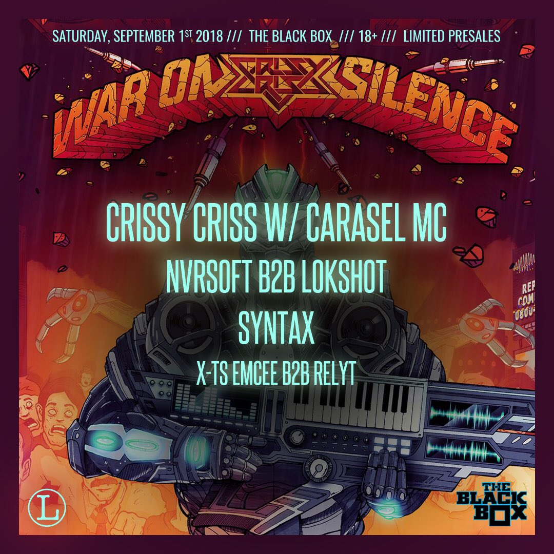LanguageDNB's tweet photo. JUST ANNOUNCED!
@CrissyCriss & @Carasel at @TheBlackBox5280 September 1st!
@nvrsoft, @lokshot, @X_TS987, #Syntax & #Relyt on support!
๐ฅ๐ฅ๐ฅ
#DNB https://t.co/pFj8Uow7BG