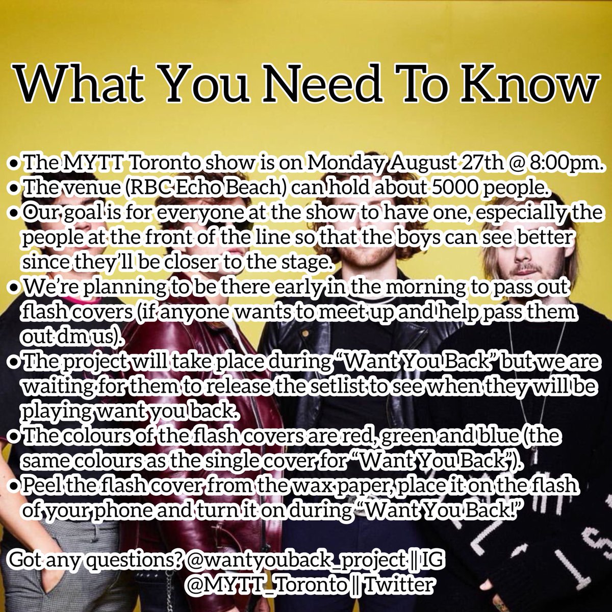 MYTT_Toronto's tweet photo. PLEASE SPREAD THE WORD!! We’re doing a fan project for the MYTT Toronto show and need as many people involved as possible!! All the information is in the two photos below. Dm us if you have any questions and/or want to help out!!❤️
#Meetyoutheretour #5SOS https://t.co/DluU3nyiAi
