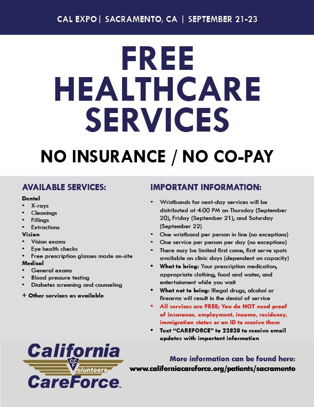 CACareForce's tweet image. Here's another #FunHealthFact for #Sacramento residents- We're holding another #FREE 3-day #HealthClinic at Cal Expo Sept. 21-23! #Medical, #dental and #vision care will be provided! Please help us spread the word! #HealthcareForAll &amp;lt;3
