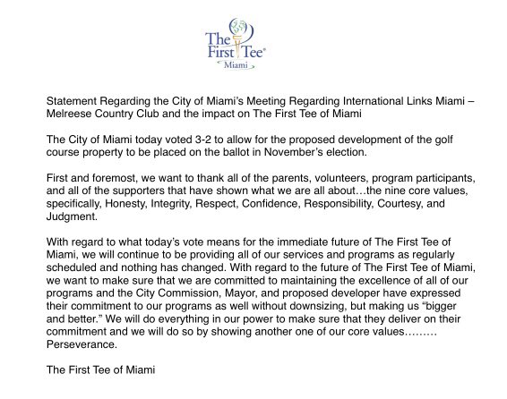 firstteemiami's tweet photo. Statement Regarding the City of Miami’s Meeting Regarding International Links Miami – Melreese Country Club and the impact on The First Tee of Miami. https://t.co/AAXVuM3nZk