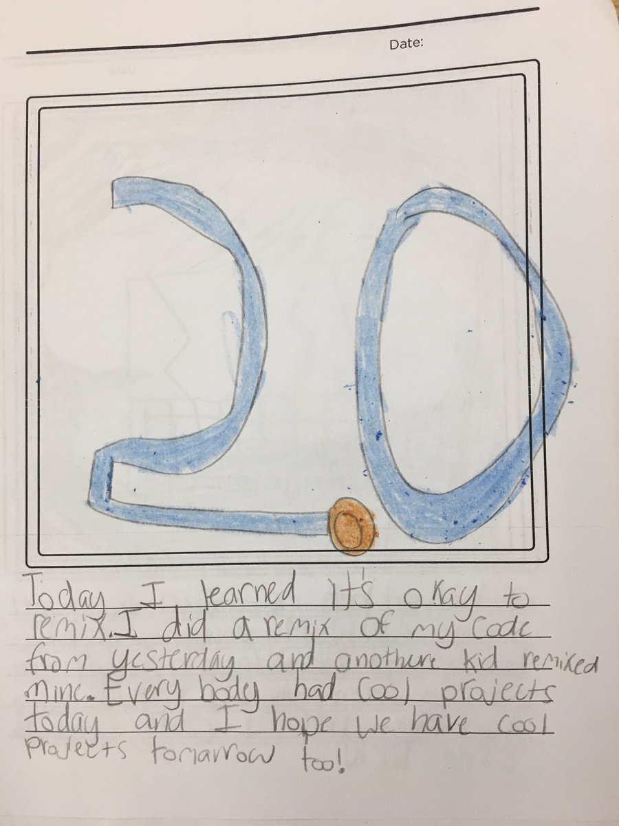 sfryer's tweet image. “Today I learned it is OK to remix.” Best student reflection comment today after ⁦@scratch⁩ camp! #CasadyLearns #OklaEd #GettingUnstuck #CreativeComputing