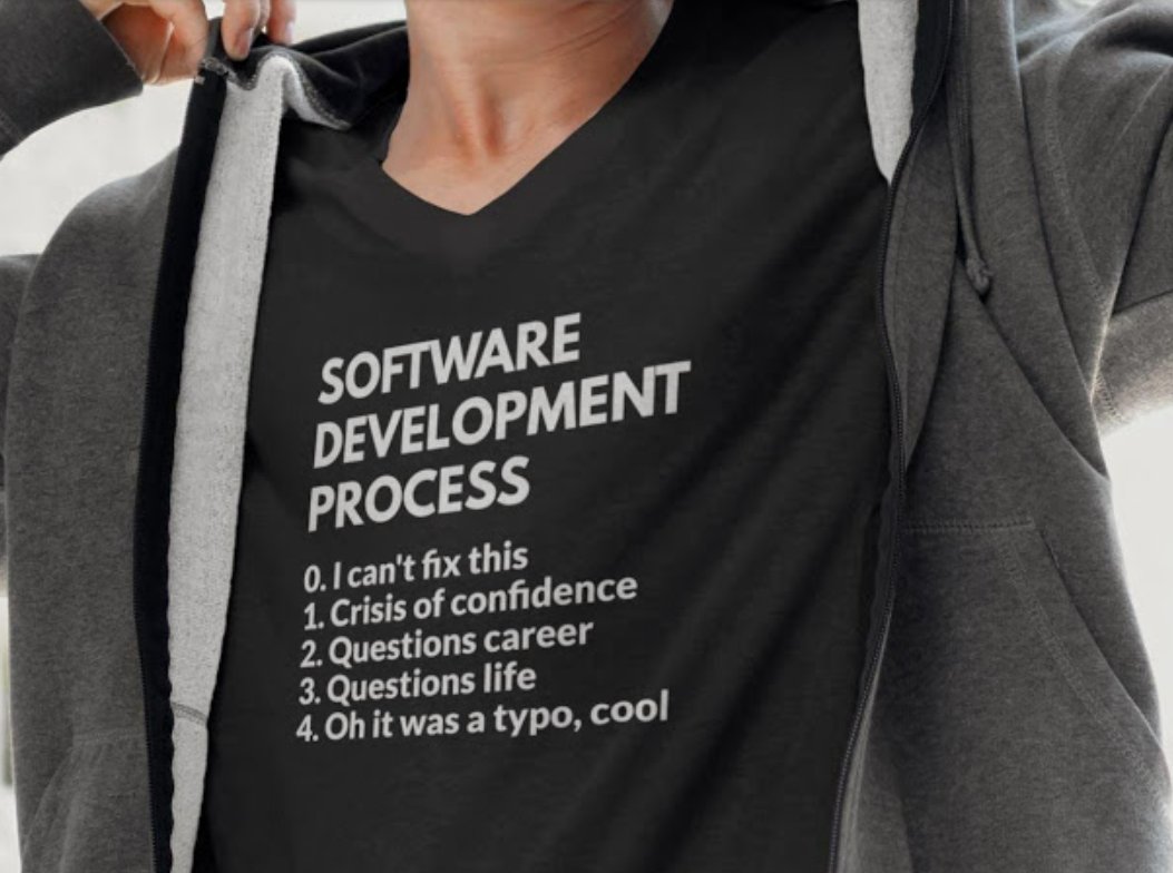 tshirt saying:

Software development process
0. I can't fix this
1. Crisis of confidence
2. Questions career
3. Questions life
4. Oh it was a typo, cool