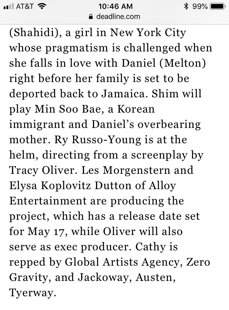 cathyshim's tweet photo. Heyyy thanks @Deadline 🌟 Mark your calendars 5/17/2019 🤩 #TheSunIsAlsoAStar @NicolaYoon #SunStarMovie @YaraShahidi @_MELTON_ @ryrussoyoung 📷:@robynvanswank https://t.co/lVIhx6v7BP