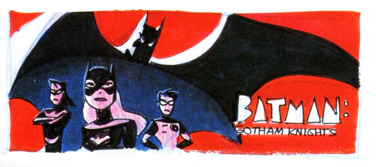 Nightwing, Batgirl and Robin in front of Batman's shadow covering them. The title is to the right of Batman's cape. Plus a red backdrop.