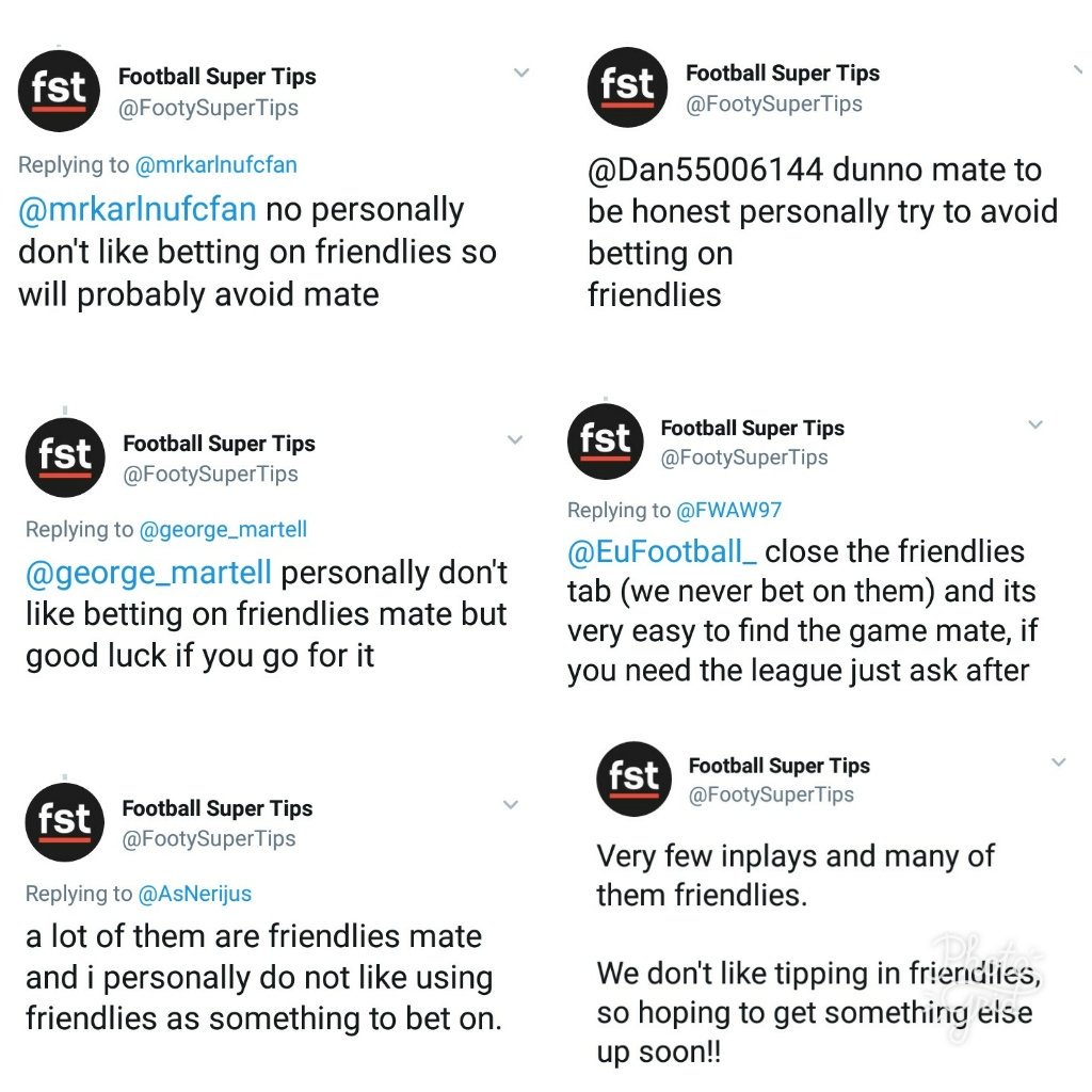 Today's win acca from FST, including two friendlies - which they 'never bet on'...

Fulham lost, Huddersfield drew 🙄