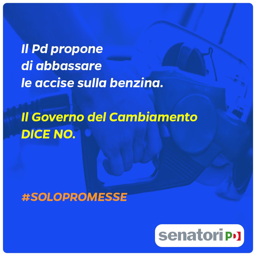 Oggi in commissione bilancio al Senato il Governo ha scelto di bocciare il testo che avrebbe permesso di abbassare le accise sulla benzina, esattamente ciò che Salvini promette da mesi ma non realizza mai. 
Il Governo del cambiamento si sta rivelando il Governo #solopromesse.