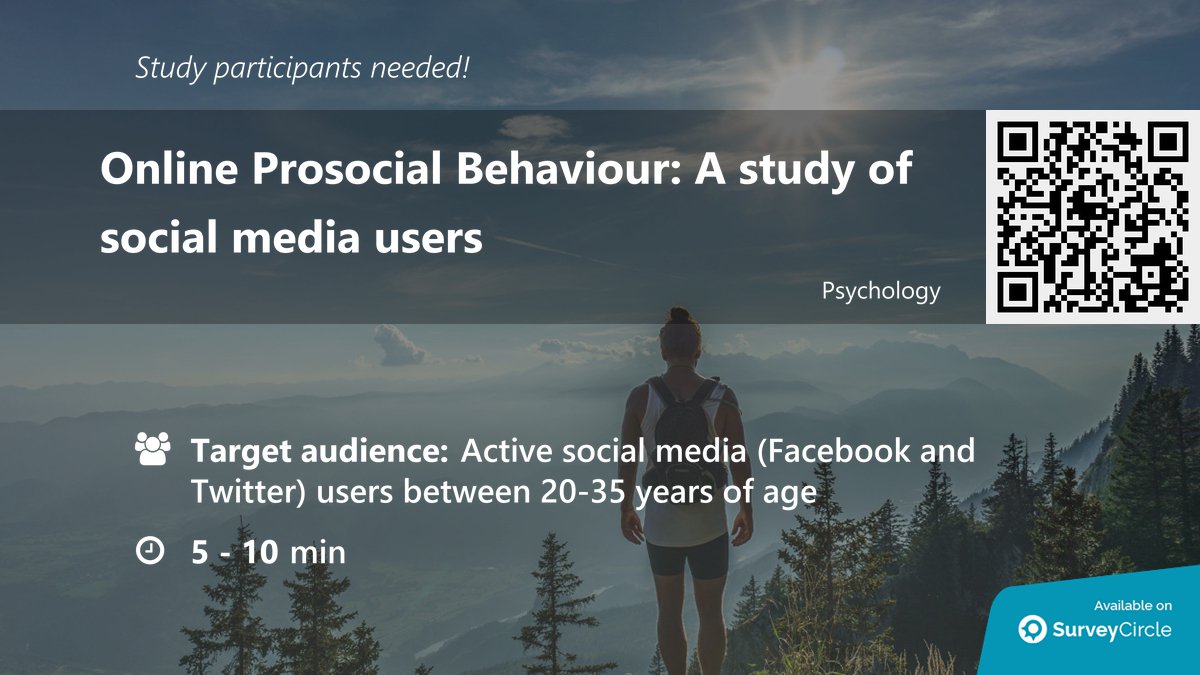 daily_research's tweet photo. Current online study which is still recruiting participants:
"Online Prosocial Behaviour: A study of social media users" https://t.co/AUPBTE5ijt via @SurveyCircle
#SocialMediaAndWellBeing #HelpingBehavior #MoralCourage #SocialPsychology https://t.co/8OQzpQoK7P