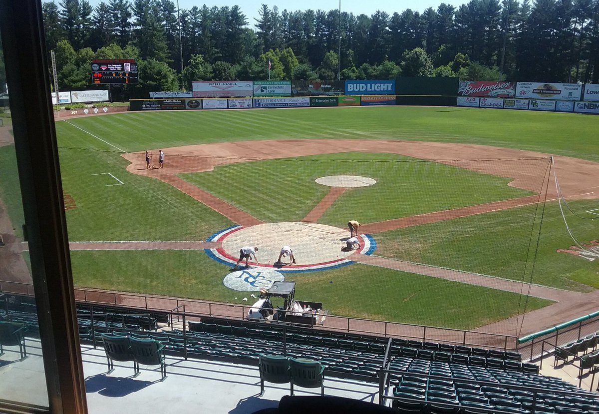 Telegraph_DeanS's tweet photo. Field prep for today's activities--and FCBL all-star game--got underway first thing this morning; crews working as seen from the Tom King Media Center at Historic Holman Stadium https://t.co/sqf9djBW3s