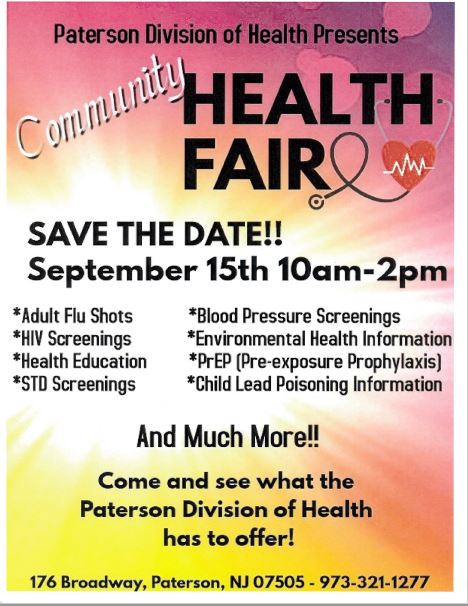 PatersonFreePL's tweet photo. Come to the Community Health Fair presented by the Paterson Division of Health.  Saturday, September 15, 2018 from 10:00 AM to 2:00 PM.
Parking lot of the Paterson Division of Health
176 Broadway, Paterson, NJ  07505 https://t.co/smHEPAPI1w