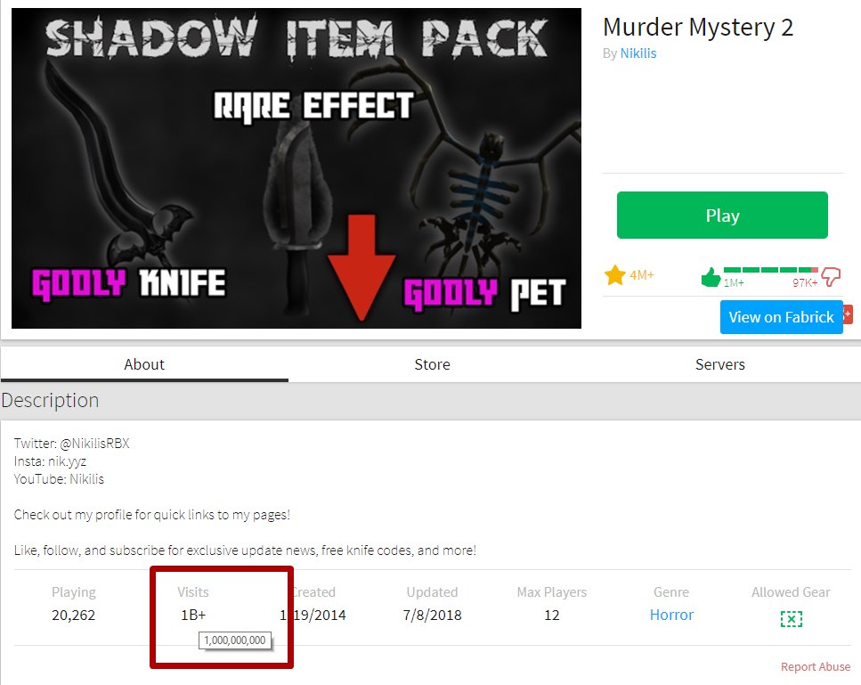 Quinn Bd Zyleak On Twitter Murder Mystery 2 Just Hit 1 Billion Visits The 3rd Roblox Game To Hit This Milestone Roblox Robloxdevrel Nikilisrbx Davidbaszucki Https T Co Eyaqwjmbhh - roblox how to get godly equipment on games