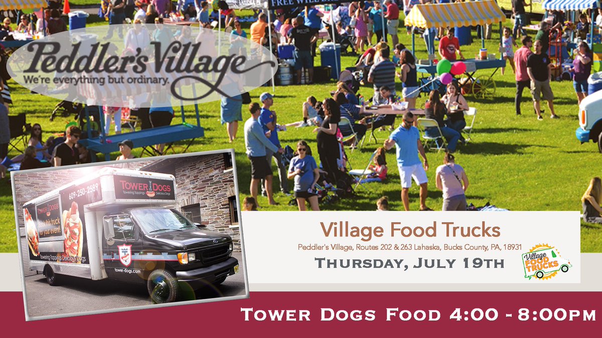 Tower_Dogs's tweet photo. Come out to Peddler’s Village Food Truck tomorrow, July 19th. Our food truck will be there serving up our delicious food from 4:00-8:00pm! #TowerDogs #hotdogs #foodtruck https://t.co/NPPT5Qq52a