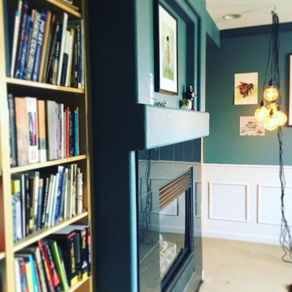 My fireplace and bookshelf