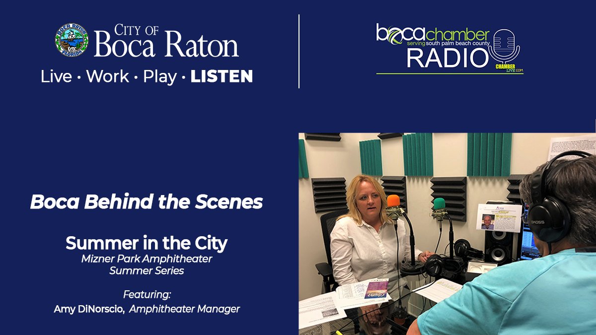 CityBocaRaton's tweet photo. Check out the latest 🎧 podcast episode of "Boca Behind the Scenes," with Amy DiNorscio, Manager @MiznerParkAmphi. Learn about the "Summer in the City" featuring tribute bands, upcoming concerts &amp; events. Plus tips about where to park &amp; when to arrive. https://t.co/MIYWFcCkmN https://t.co/yS6XLTqtmr