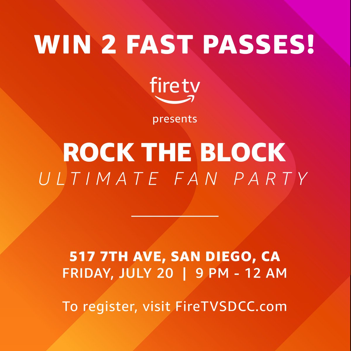 You're invited to the ultimate #ComicCon fan party on Friday night. Click the link to sign up and RSVP. RT this tweet to enter for your chance to skip the line with a friend. And yes, it's free. 21+. #FireTVSDCC #sweeps >> FireTVSDCC.com