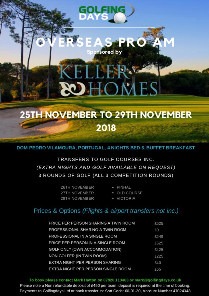 Calling all professional golfers. We have just the event for you Overseas from 25th-29th November. Our Pro Am in Vilamoura is proving very popular and would be a great way to earn some winter prize money. We have a sponsor too <a href="/KellerNewHomes/">Keller Construction</a>