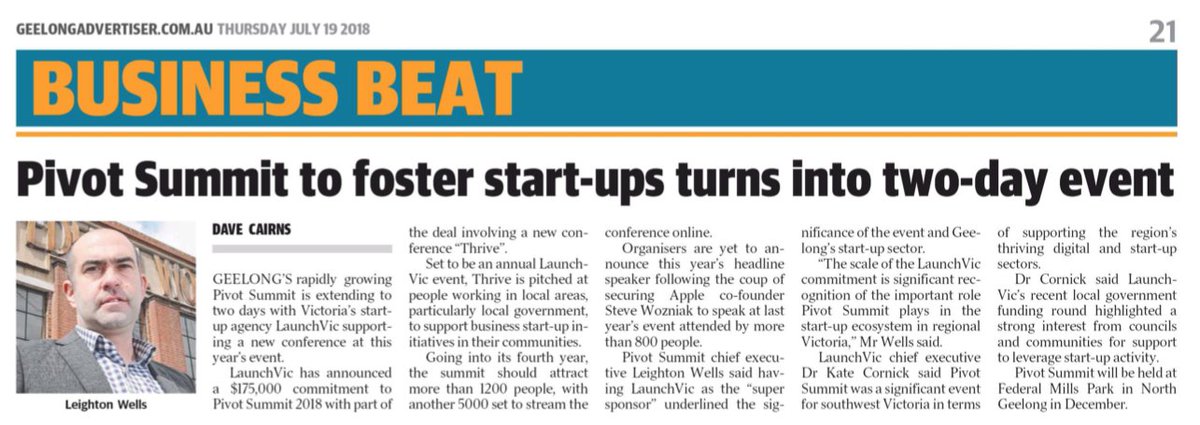PivotSummit's tweet photo. Thanks for the coverage this morning @geelongaddy - #PivotSummit2018 is now TWO DAYS!
Thursday Dec 6th and Friday Dec 7th - AND - ticket purchase covers both days. #twodays It's going to be MASSIVE. @LaunchVic @GreaterGeelong https://t.co/nqZJfbMKZd