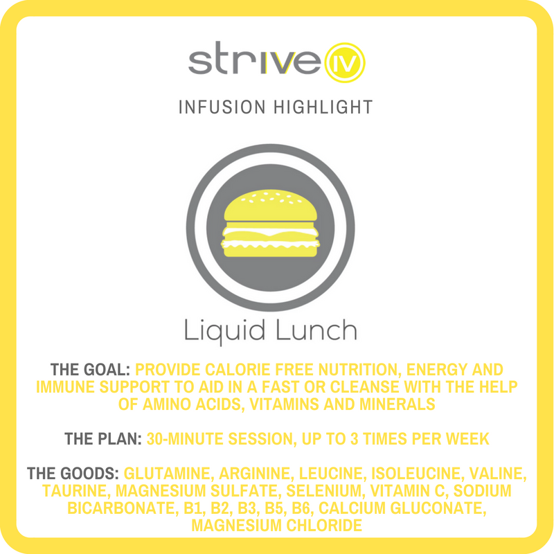StriveIV's tweet photo. Our #StriveIV #InfusionHighlight of the week is our Liquid Lunch IV drip. Provide calorie free nutrition, energy, and immune support to aid in a fast or cleanse with the help of amino acids, vitamins and minerals. Book today at https://t.co/lob5KVbRbD #StriveIV #StriveHighlight https://t.co/3uvmf7KHBl